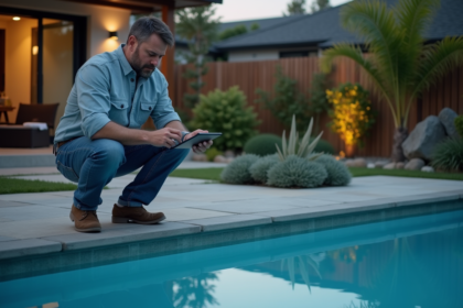 Technicien piscine extérieur inspectant une piscine résidentielle au crépuscule