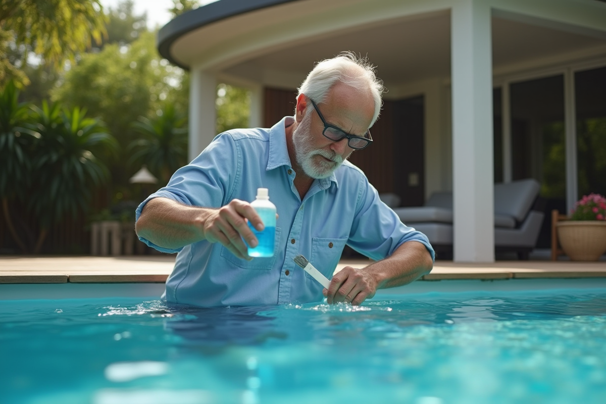 Homme testant l'eau de la piscine dans le jardin