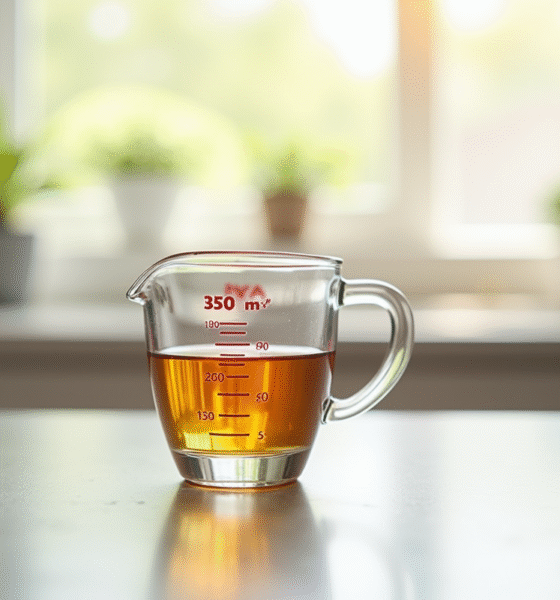Verre mesureur rempli à 350 ml sur plan de travail lumineux