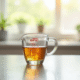 Verre mesureur rempli à 350 ml sur plan de travail lumineux