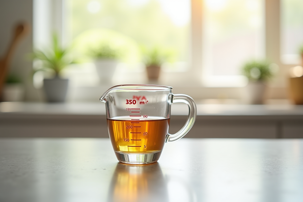 Verre mesureur rempli à 350 ml sur plan de travail lumineux
